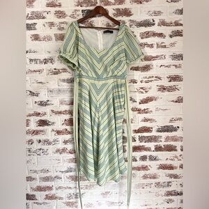New York & Company Sun Dress Green Striped Linen Blend Midi Beach Summer Sz L